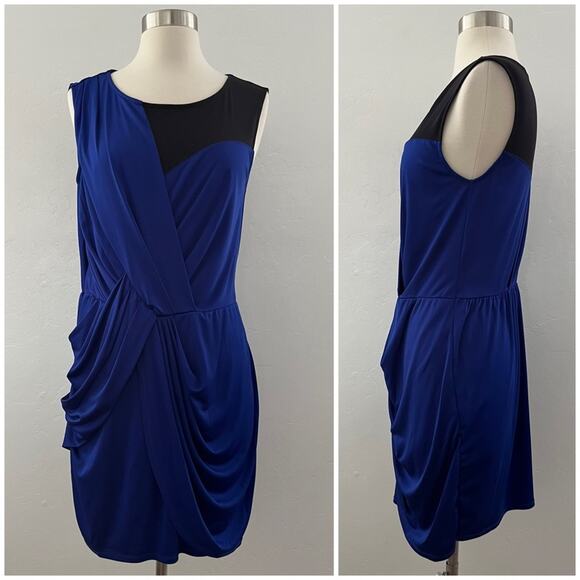 Rachel Roy Grecian Draped Mini Dress Sleeveless Mesh Colorblock Blue Black Small - Picture 1 of 11